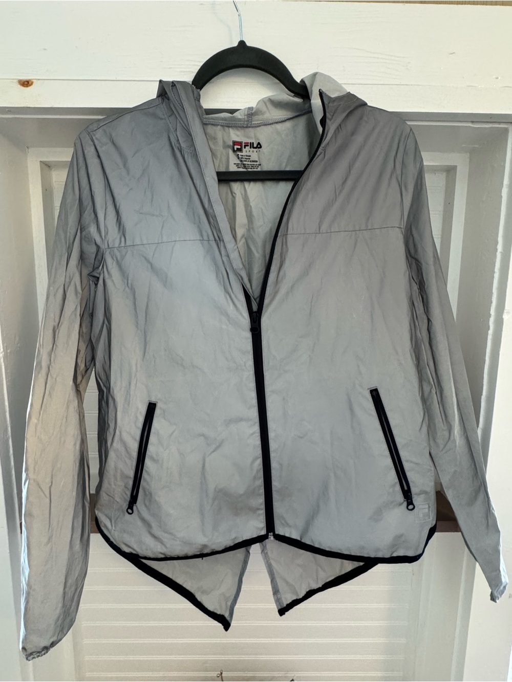 Fila Women's Light Gray Reflective Hooded Running Jacket with Black Trim